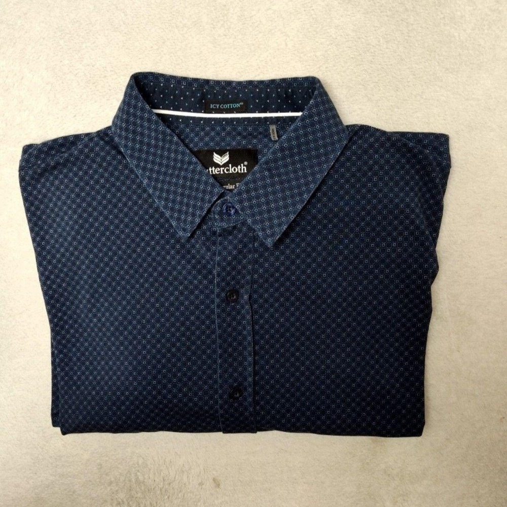 Buttercloth Shirt Mens 3XL Blue Geometric Button-Up Icy Cotton Casual Stretch